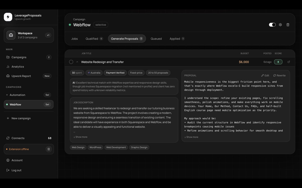 Leverage Proposals dashboard showing a generated proposal draft next to the job description.
